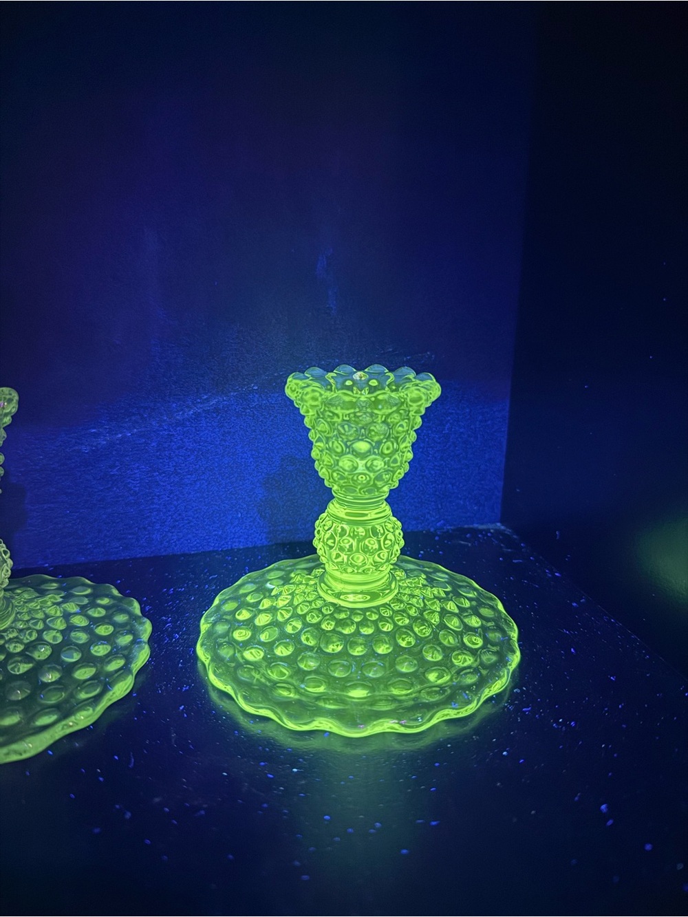 Vintage UV Reactive Duncan Miller Hobnail Clear Glass Candlestick Holders